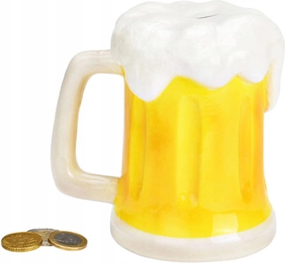 Porseleinen spaarpot in de vorm van een bierpul