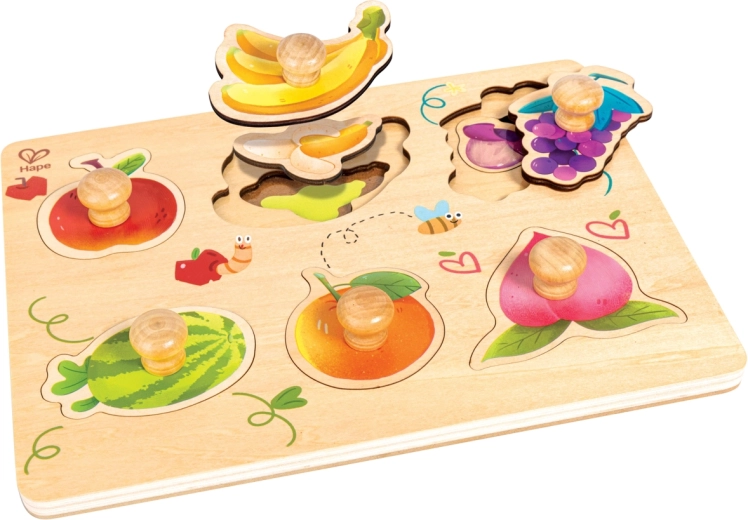Houten gelaagde Hape-puzzel fruit met knopjes