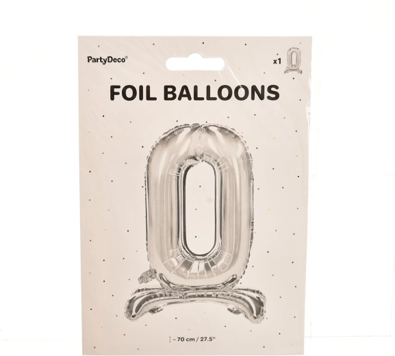 Zelfstaande folieballon cijfer 0 zilver 70 cm