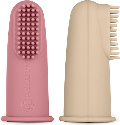 Set siliconen vingerborsteltjes voor baby’s PETITE&MARS, roze en zand, 2 stuks