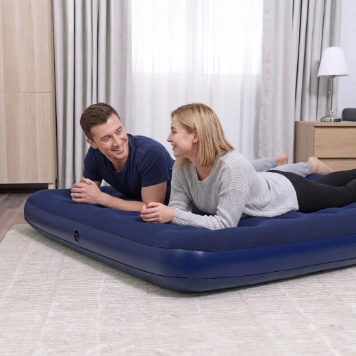 Dubbele luchtmatras met velours oppervlak, blauw, 203 × 152 × 22 cm