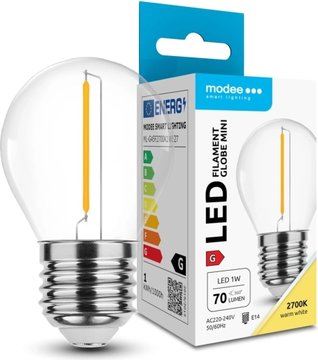 Modee LED filament mini lamp G45 1W E27, warm wit 2700K, 70 lm