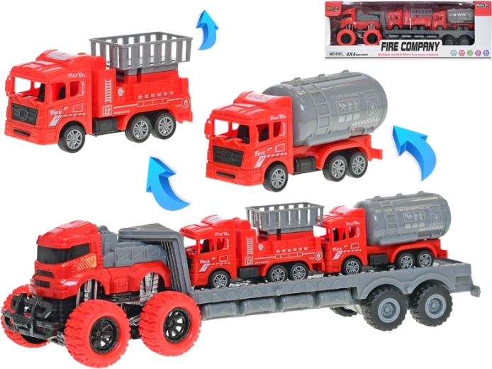 Trekker met aanhanger met vliegwiel en brandweervoertuigen