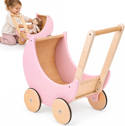 Houten retro-poppenwagen in poederroze