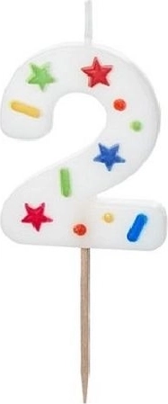 Verjaardagskaars cijfer 2 wit met confetti