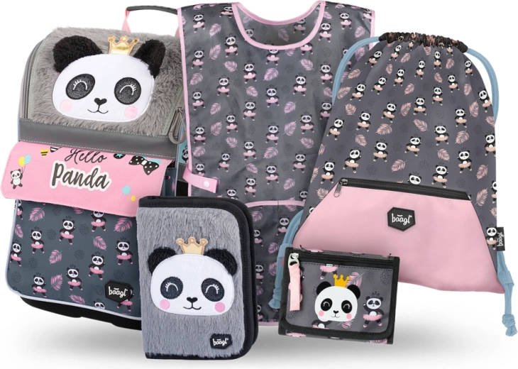 Školní set BAAGL Zippy Panda – schooltas, etui, gymsack, schort en halsportemonnee