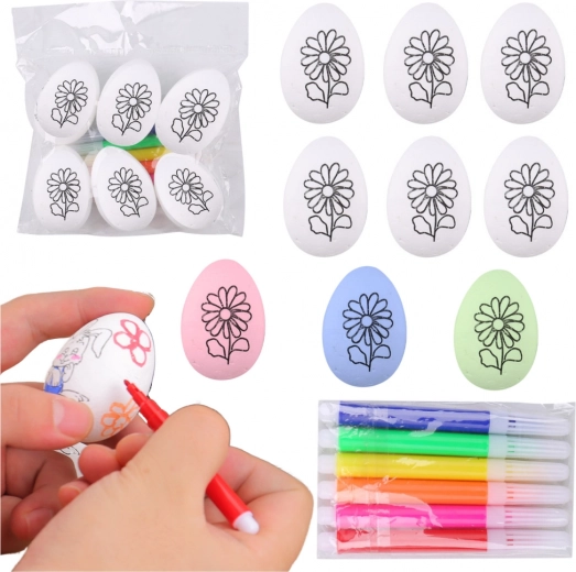 Styropor Paaseieren om te schilderen met bloemmotief, 6 stuks met stiften