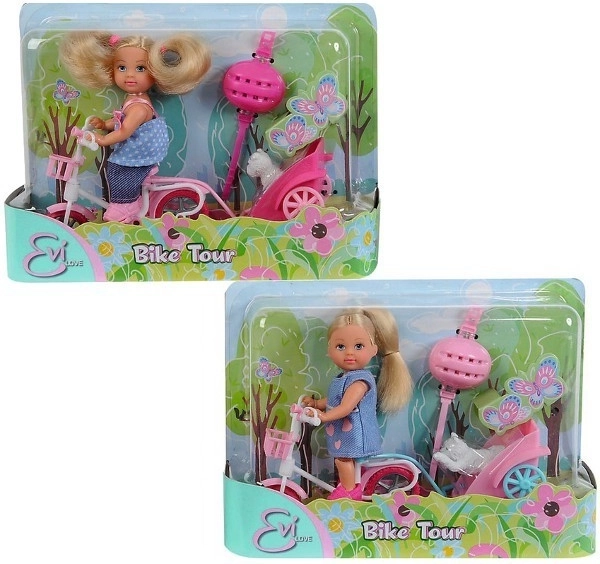 Pop Evi Love op fiets met aanhanger en hondje