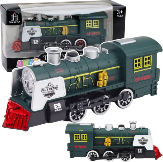 Klassieke groene stoomlocomotief met rook, verlichting, geluiden en obstakelsensor