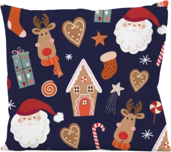 Kerstkussenhoes met de kerstman en rendieren, donkerblauw, 45 × 45 cm