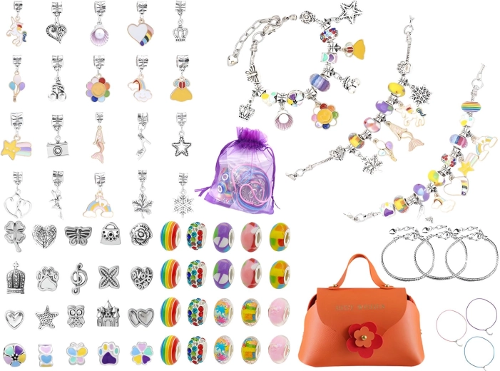 Kleurrijke set voor het maken van sieraden en armbanden met bedels (66 stuks) met cosmeticatasje