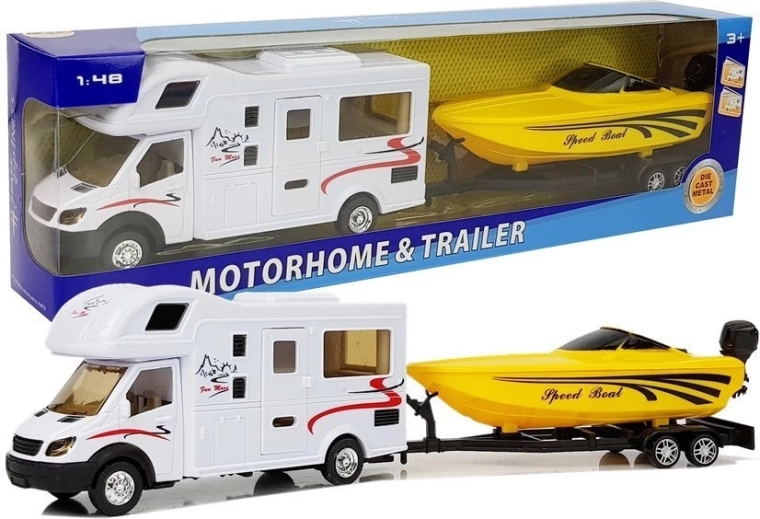 Caravan met gele motorboot met vliegwiel 1:48