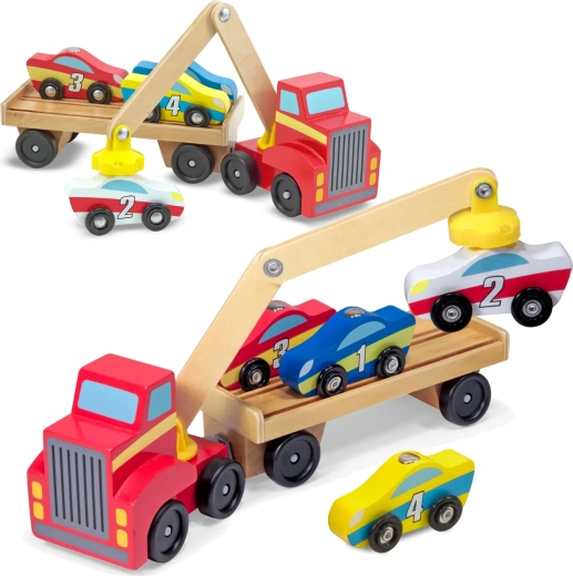 Melissa & Doug houten sleepwagen met magnetische kraan en autootjes