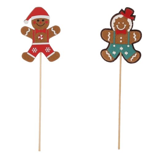 Kerstversiering gingerbread man op stokje – decoratieve prikker voor bloempot en arrangement