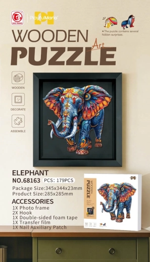Houten puzzel olifant 179 stukjes met lijst