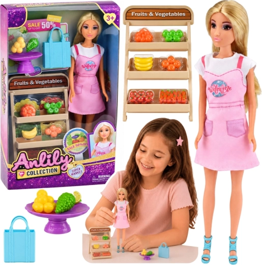 Anlily poppen verkoopster van fruit en groenten met winkel en accessoires