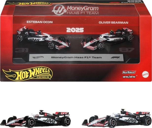 Hot Wheels Premium Formula 1 MoneyGram Haas set van 2 metalen F1-modellen Ocon en Bearman