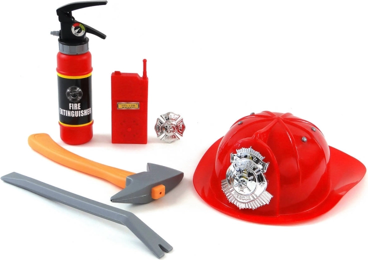 Kinderbrandweerset met functionele brandblusser die water spuit en helm