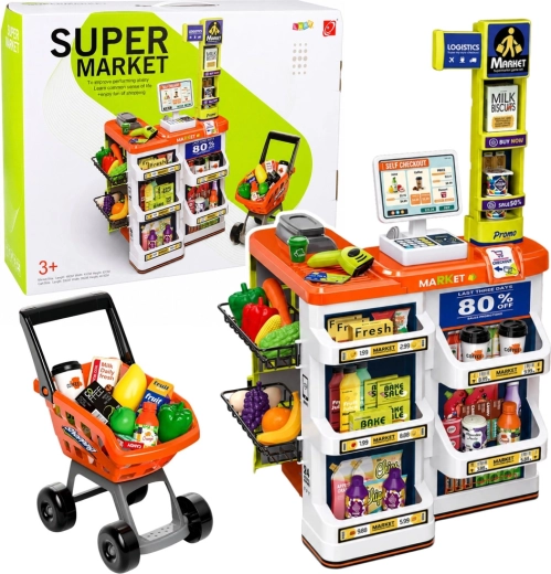 Kindersupermarkt met kassa, scanner en winkelwagentje (ca. 60 onderdelen)