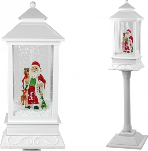 Kerstdecoratieve lamp – witte lantaarn met KERSTMAN, licht en vallende sneeuw