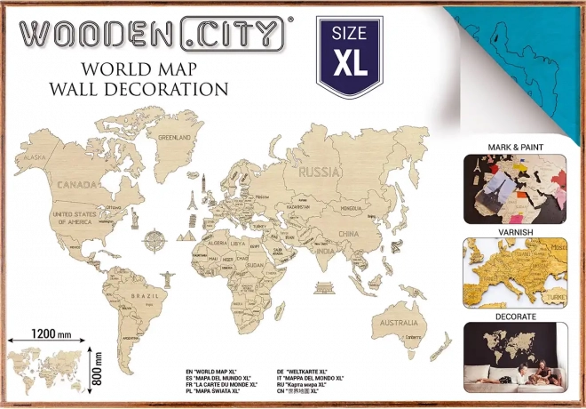 Houten wereldkaart voor 3D-muur XL – natuur turkoois