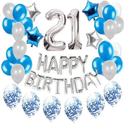 Set van ballonnen voor 21e verjaardag - zilver en blauw