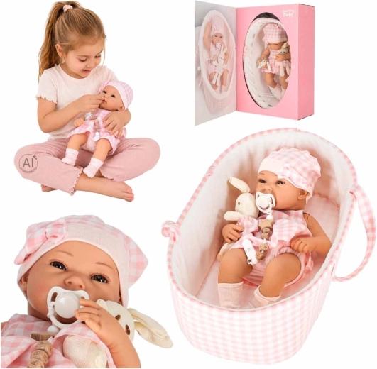 Babypop 38 cm met draagmand en pluchen konijntje (roze)