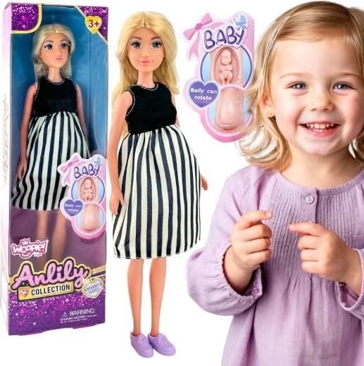 Woopie Royal zwangere pop Lily in een zwart-wit gestreepte jurk