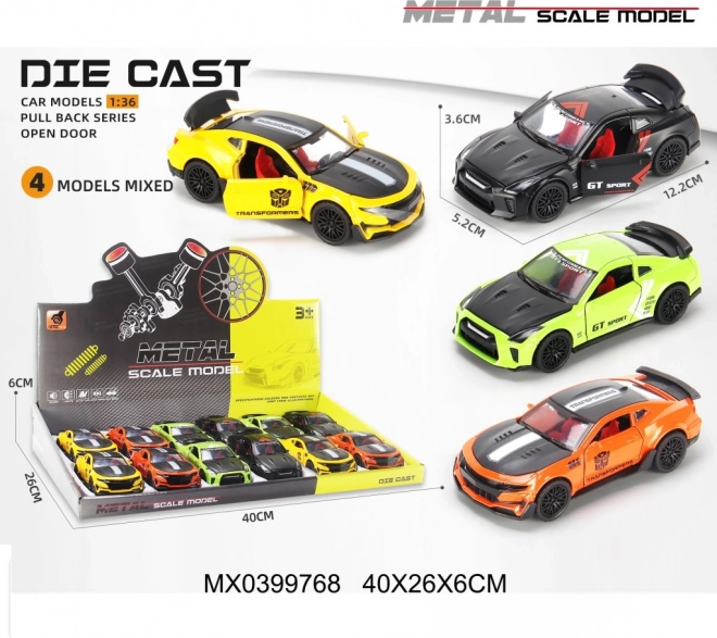 Metalen sportautootje 1:36 met openslaande deuren en pull-back aandrijving