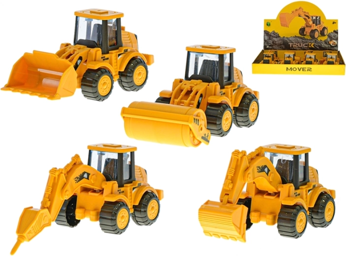 Bouwvoertuig 13 cm met vliegwiel, 4 soorten, 8 stuks in doos