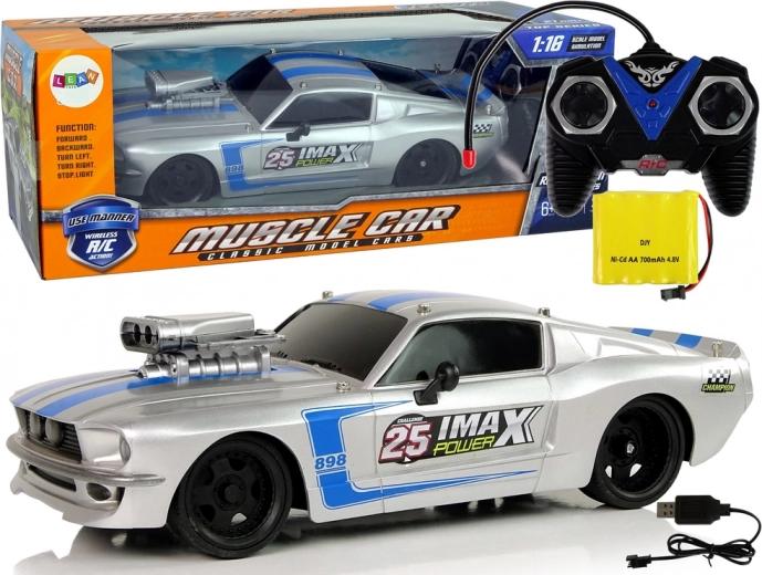 R/C sportauto 1:16 Silver Pilot Blue Stripes