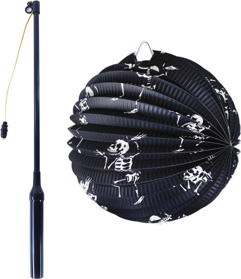 Halloweenlampion met skeletmotief 25 cm met lichtgevende stok 50 cm
