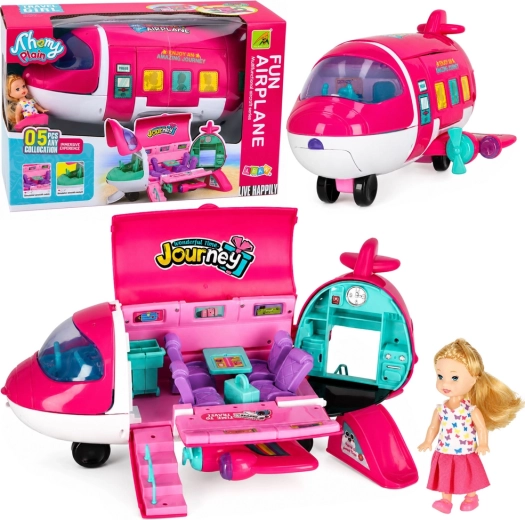 Opvouwbaar reisvliegtuig voor poppen 2-in-1 met pop en accessoires, roze