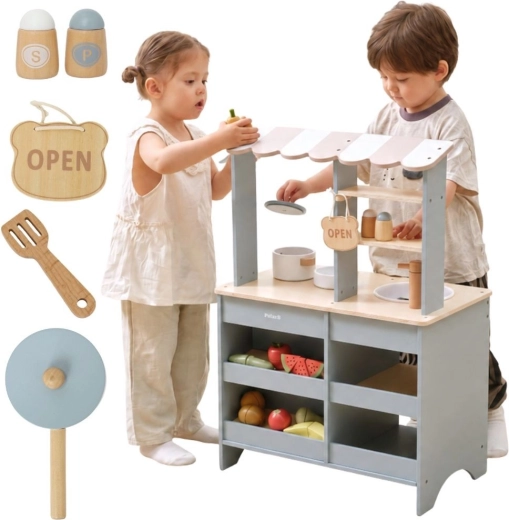 VIGA PolarB houten kinderkeuken en winkel 2-in-1 met accessoires