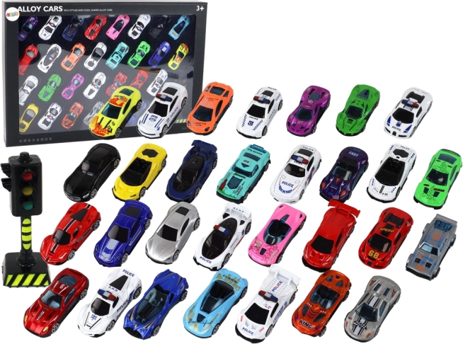 Set van Aluminium Modellenautootjes in Doos 30 Stuks Sport- en Politiewagens