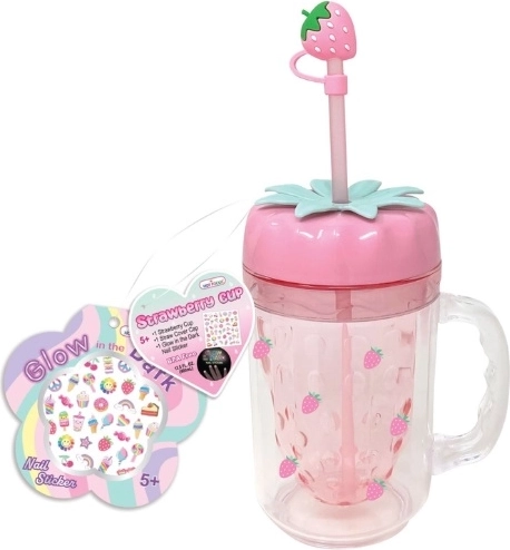 Hot Focus kinderbeker met rietje en stickers aardbei