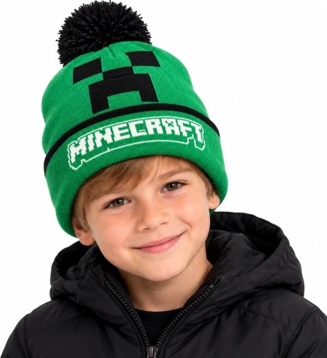 Kinderwintermuts Minecraft Creeper met pompon