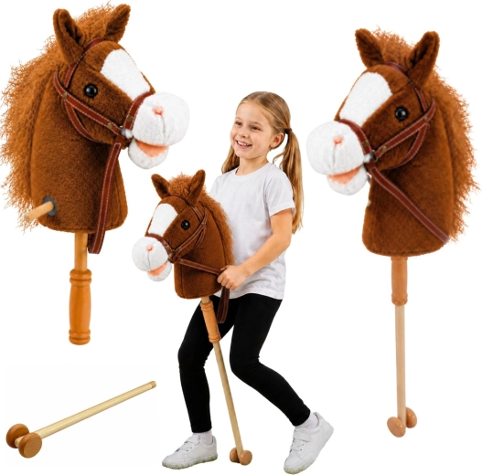 Hobby horse op stok met houten handgreep, galop- en hinnikgeluiden, bruin 100 cm