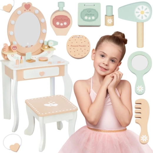 houten kaptafel met LED-spiegel en stoeltje TOOKY TOY