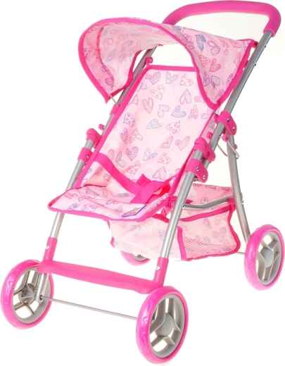 Roze buggy-poppenwagen met hartjes en mandje