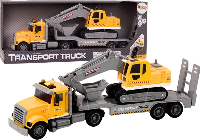 Gele vrachtauto met rupsgraafmachine met lichten en geluiden