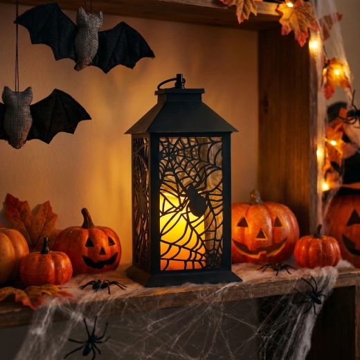Halloween-knipperende LED-lantaarn met spin op batterijen