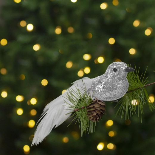 Kerstvogel met glitter en knijper, zilverkleurig - 2 stuks