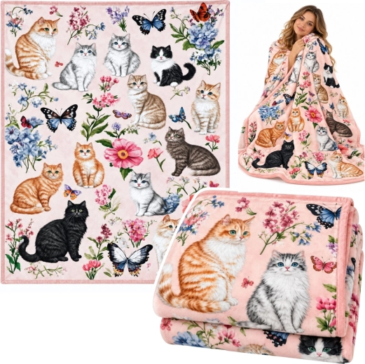 Zachte decoratieve deken met katten, bloemen en vlinders 150 × 100 cm