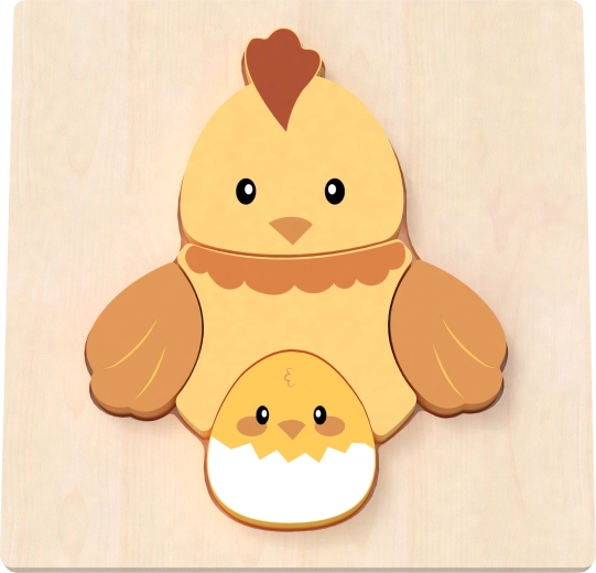 Handgemaakt houten puzzel kip en kuikentje BABU