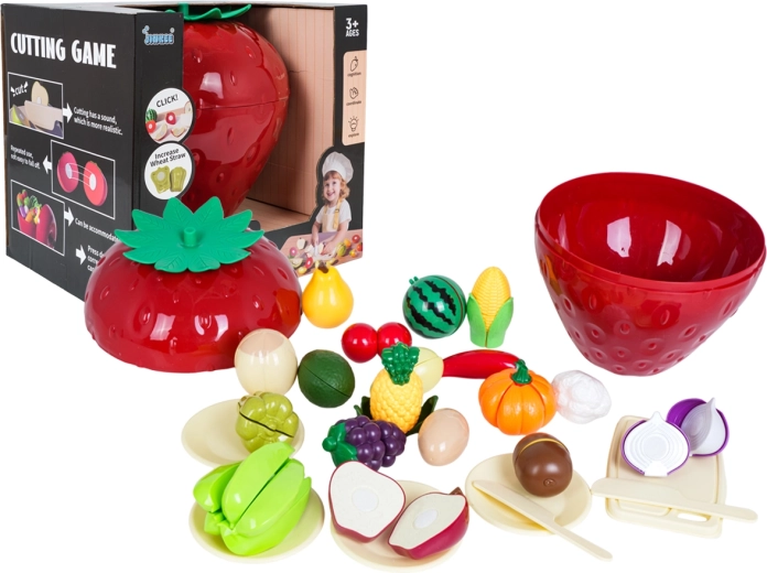 Set om fruit en groenten te snijden in een aardbeivormige box met accessoires