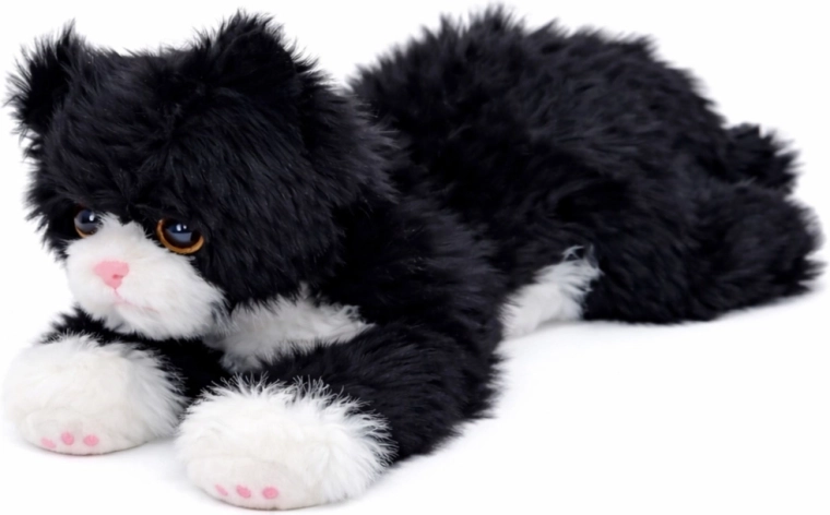 Pluche kat liggend zwart‑wit 38 cm