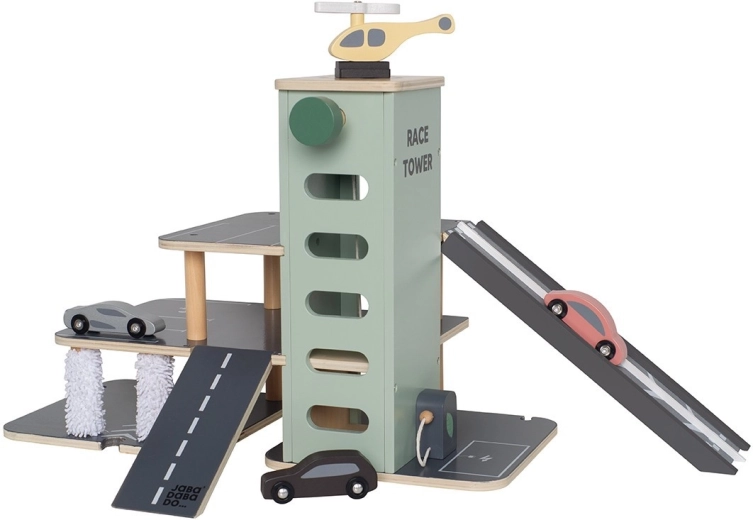 Jabadabado houten parkeergarage met lift, wasstraat en helipad