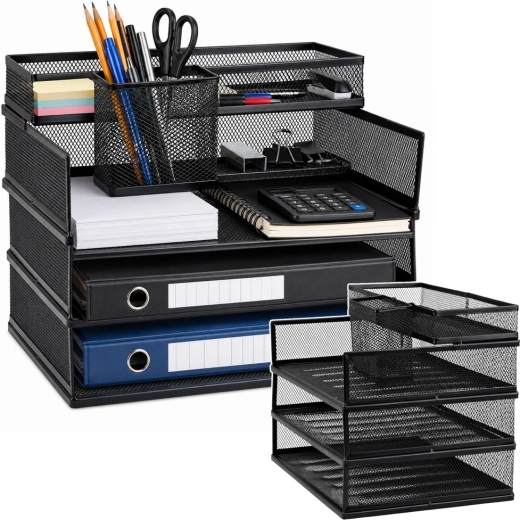 Metalen meerlaagse bureau-organizer voor documenten en accessoires, zwart