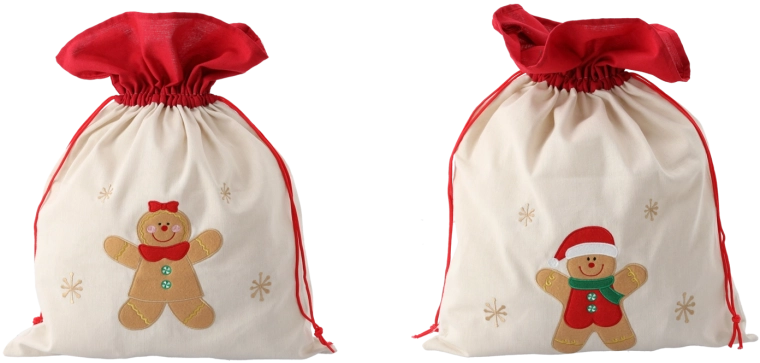 Cadeauzak 45 × 60 cm beige, mix van patronen met peperkoekfiguurtje